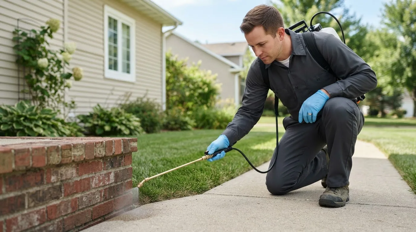 Pest control technician treating a home near Swan, IA