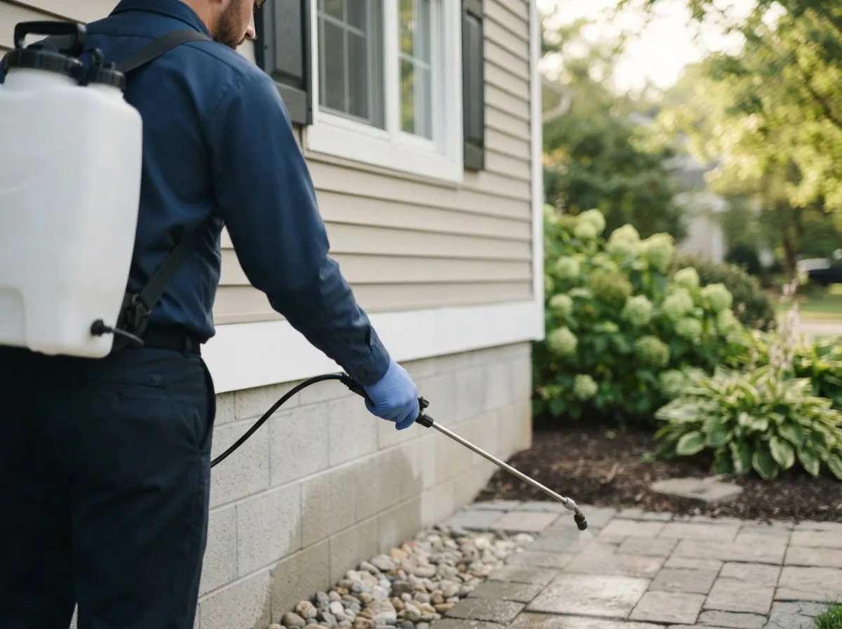 Pest control technician inspecting a home in Swan, IA